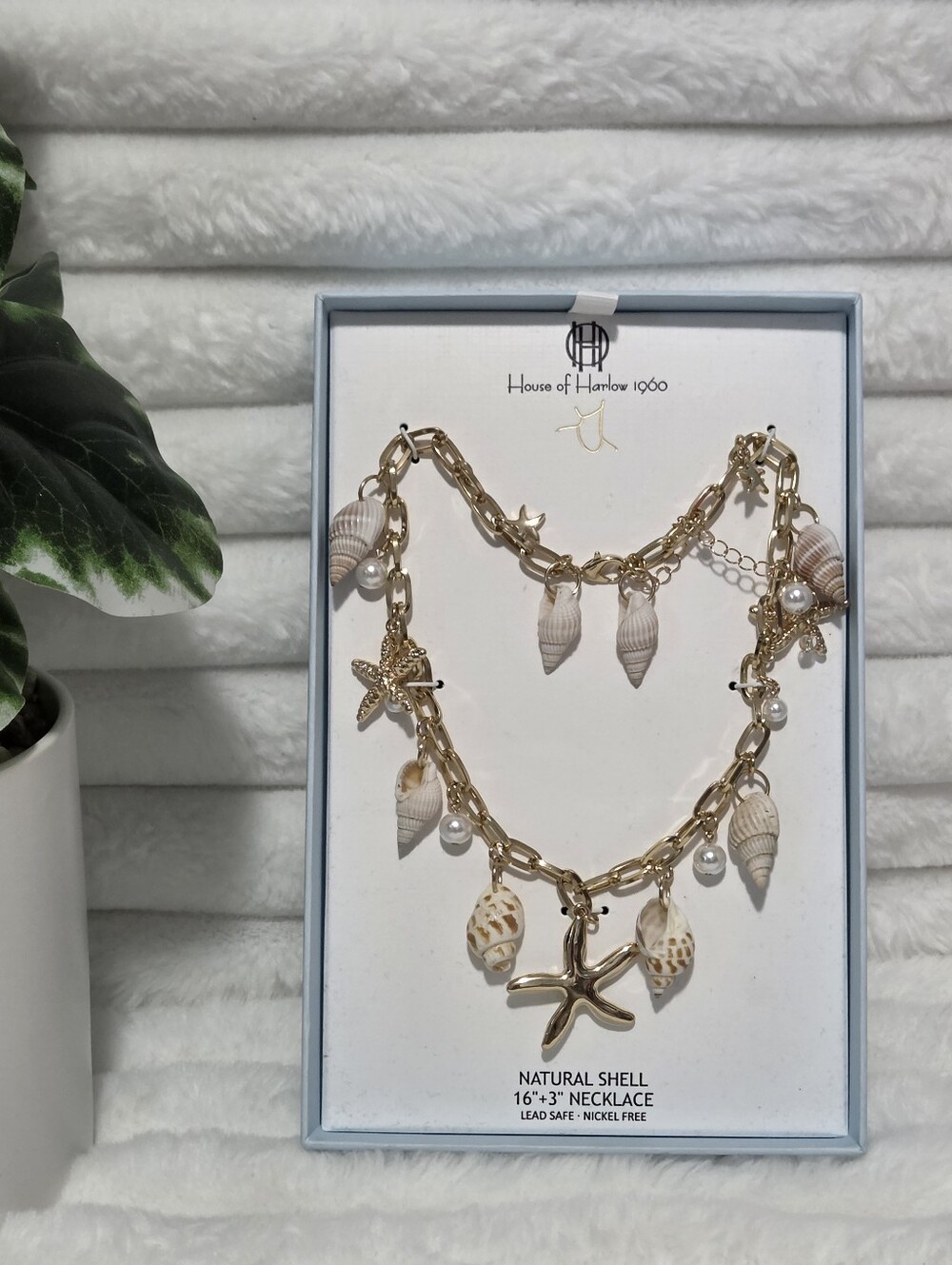 House Of Harlow 1960 Gold-Tone Shell Charm Necklace with White Shells and Pearls
